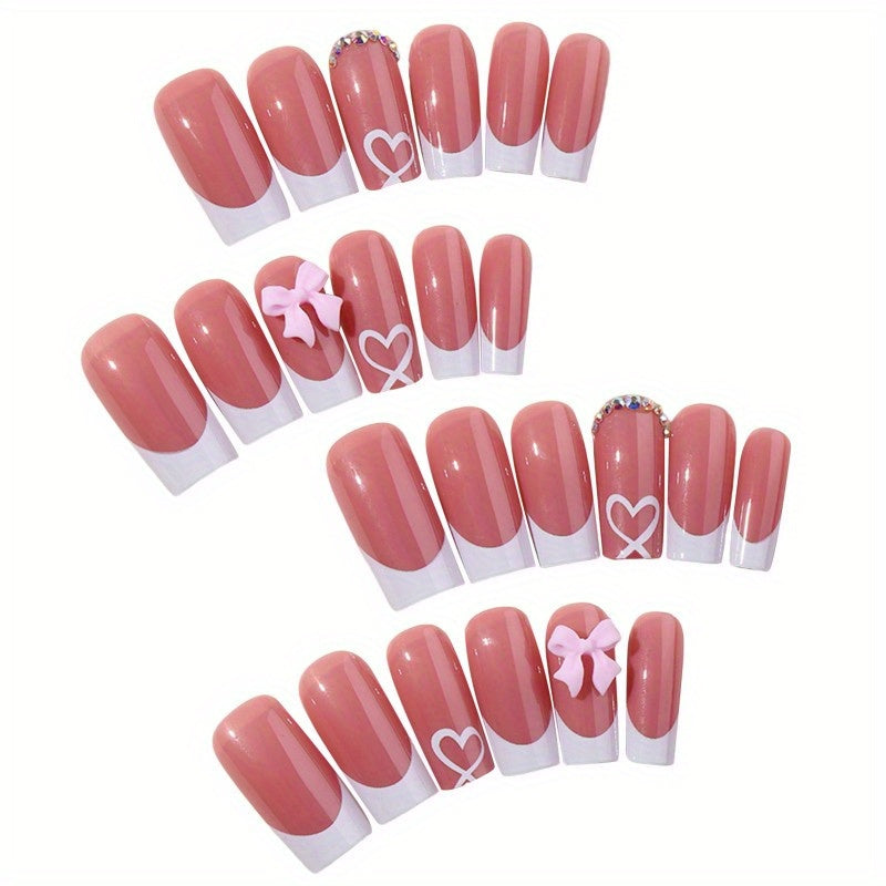 48pcs/2pcs White French Tip Press on Nails Medium Square Fake Nails Full Cover False Nails with 3D Pink Bow Rhinestones Heart Designs Acrylic Stick on Nails Reusable Nude Artificial Nails for Women